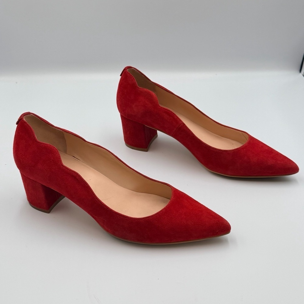 Kate Spade Red Velvety Suede Scalloped Edge Iconic Feminine Low Block Heel 7